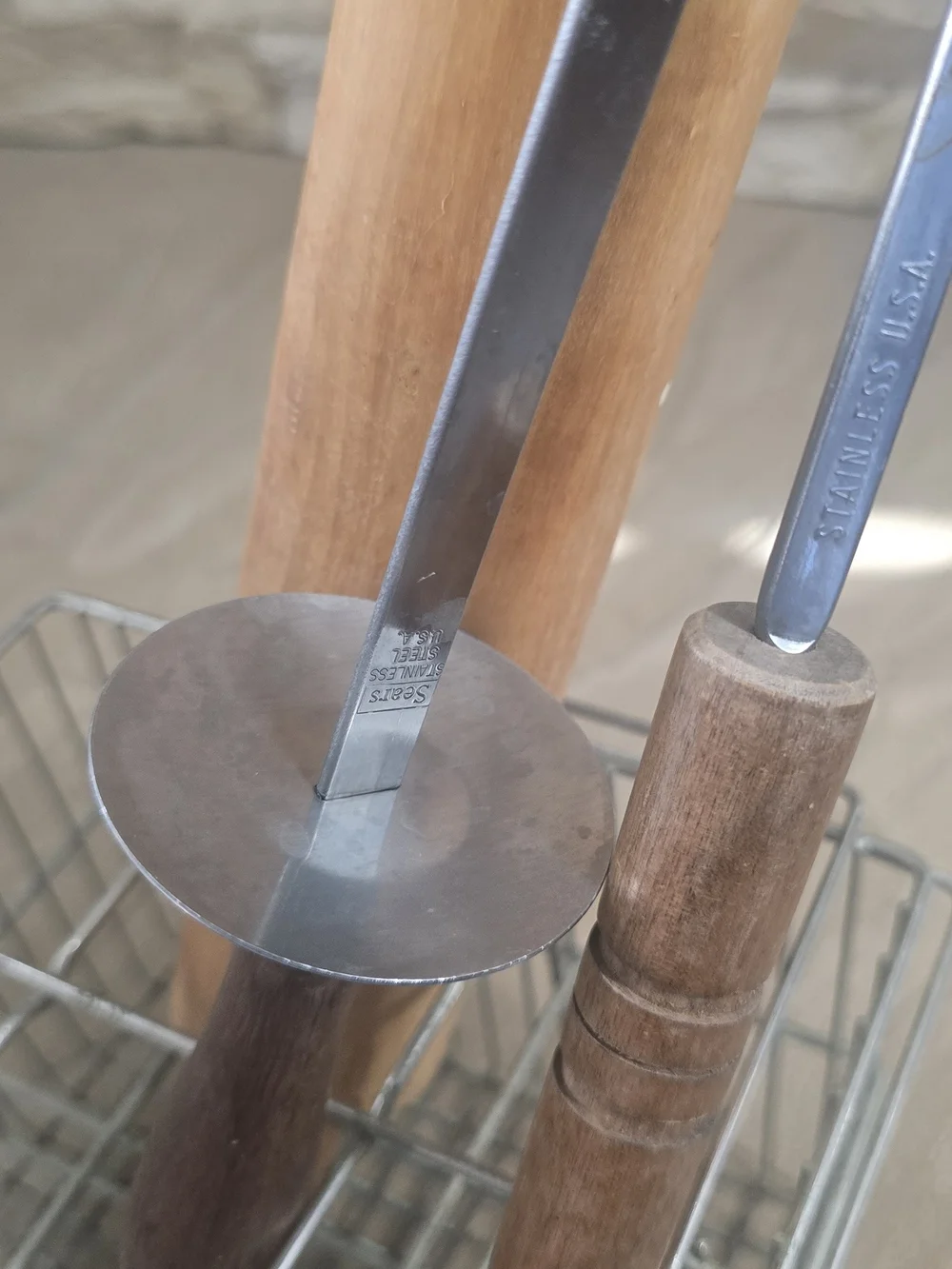 Wood and Metal Kitchen Utensil Items with Metal Storage Basket
